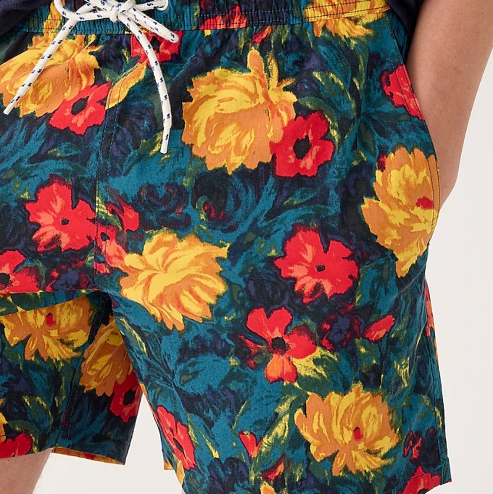 J CREW MEN'S TROPICAL HAWAIIAN SWIMMING TRUNKS BATHING SUIT BLUE 6" RED …
